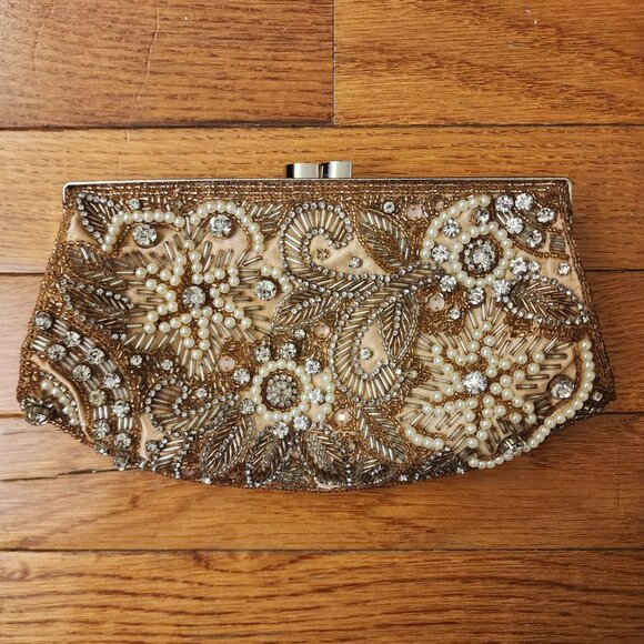 Glint / Nordstrom Champagne Pearl & Crystal Clutch w/ Shoulder Chain - Picture 3 of 7